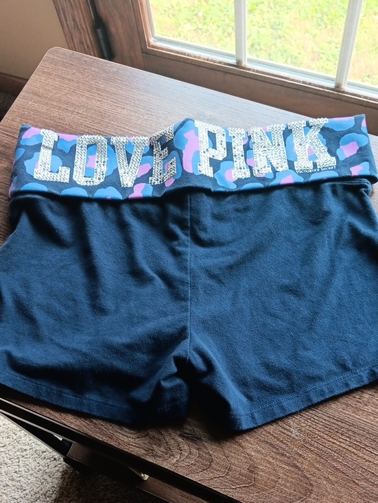 PINK Victoria's Secret Pants - Victoria's Secret PINK Blue & Pink Foldover Yoga Shorts w bling"LOVE PINK"* Sz M